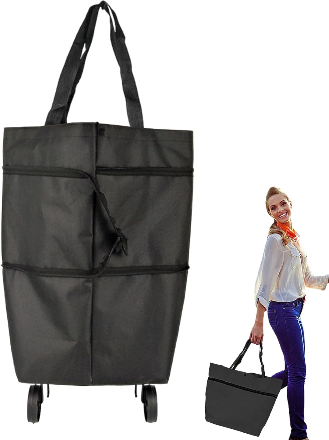 Grote opvouwbare boodschappen tote met wielen; perfect voor lange wandelingen.