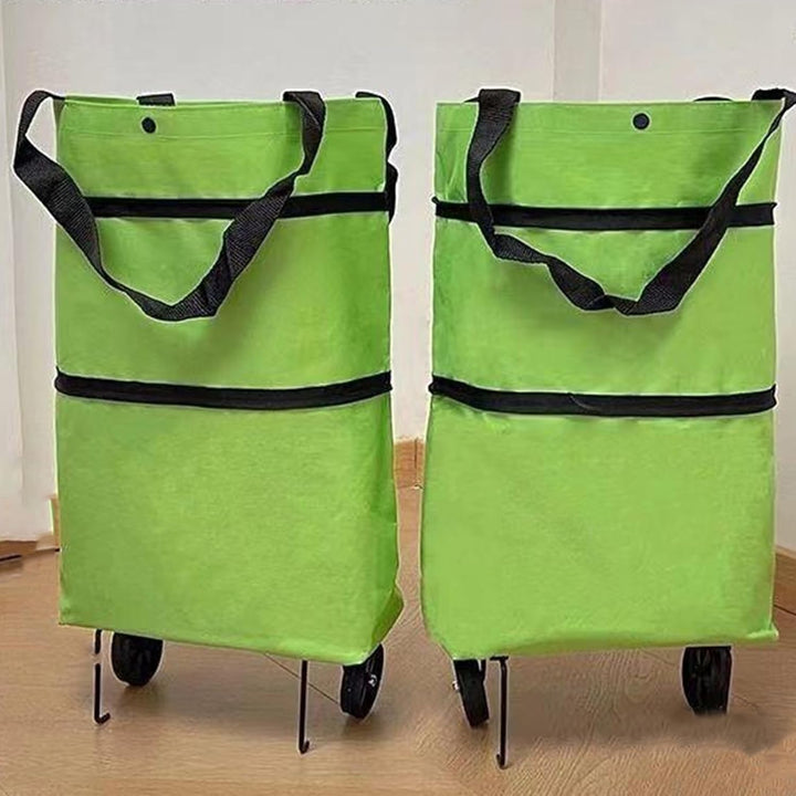 Compacte opvouwbare boodschappenkar met wielen; overal mee naartoe te nemen.