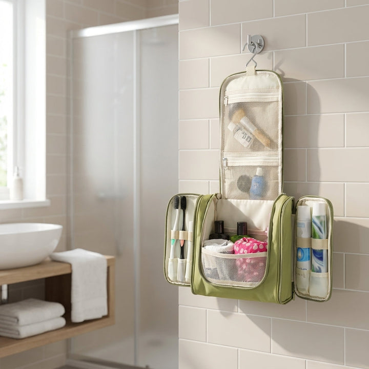 Unisex opvouwbare toilettas met haak voor reizen en persoonlijke verzorging.
