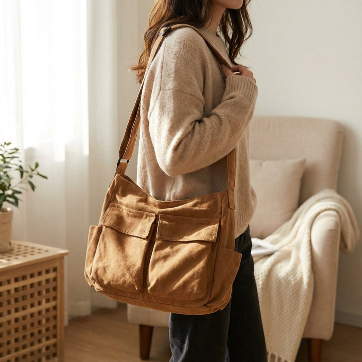 Unisex Packlite organisertas met meerdere vakken, lichtgewicht canvas schoudertas voor dagelijks gebruik.