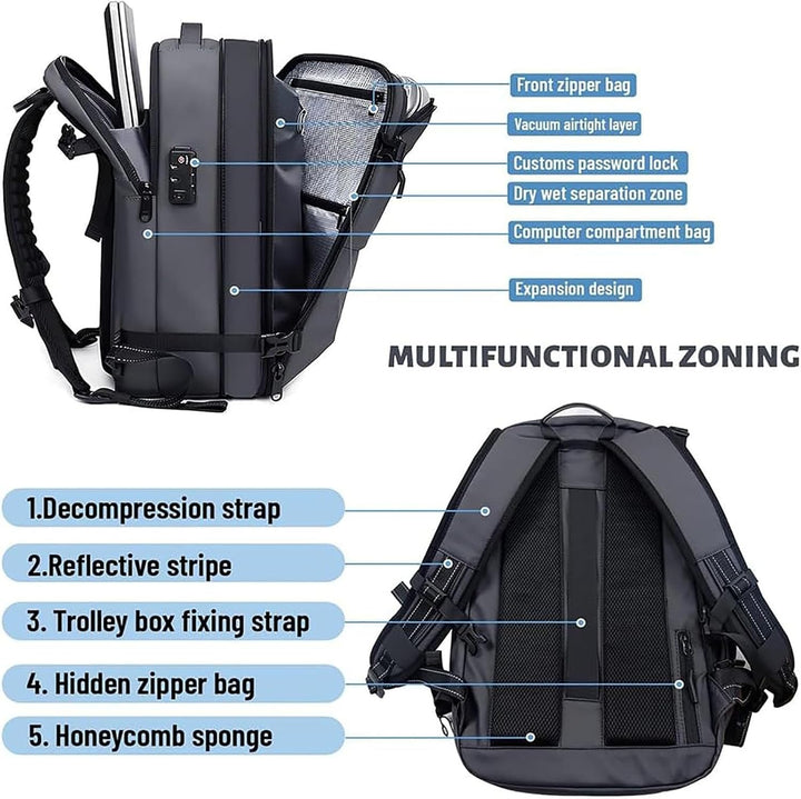 Compacte handbagage reisrugzak, uitbreidbaar met compressie en antidiefstal slot voor zorgeloos vliegen.