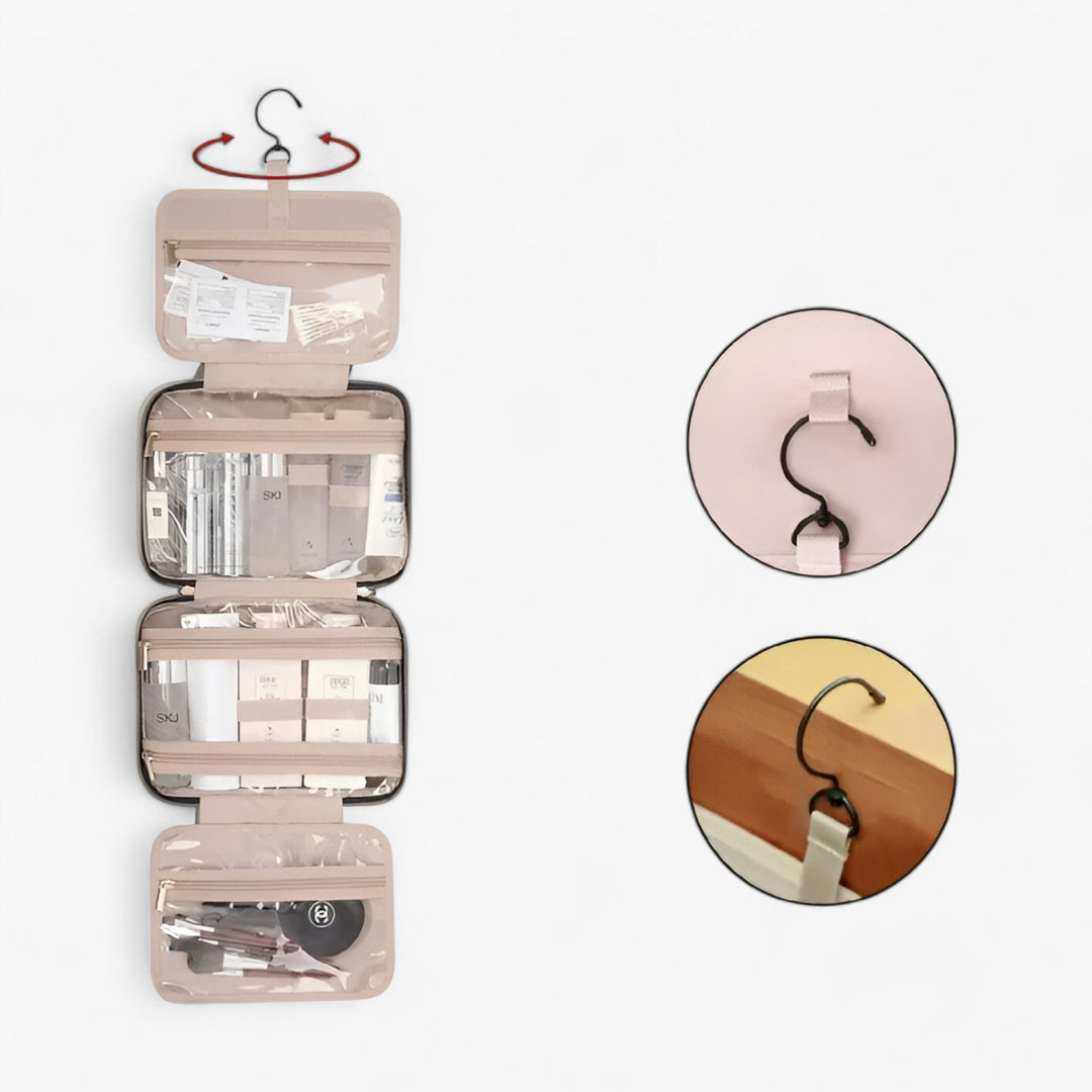 Open Neatmate reistoilettas met diverse georganiseerde vakken voor toiletartikelen en reisaccessoires. Compacte organizer.