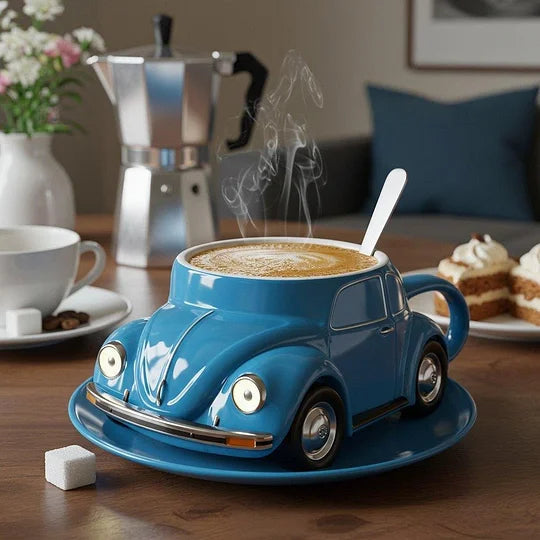 Keramische 3D koffiemok met retro auto design; uniek serviesstuk voor keuken of als cadeau.