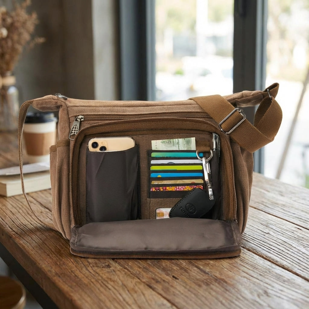 Unisex RFID messenger tas van duurzaam canvas, veilig voor pasjes en persoonlijke items onderweg.
