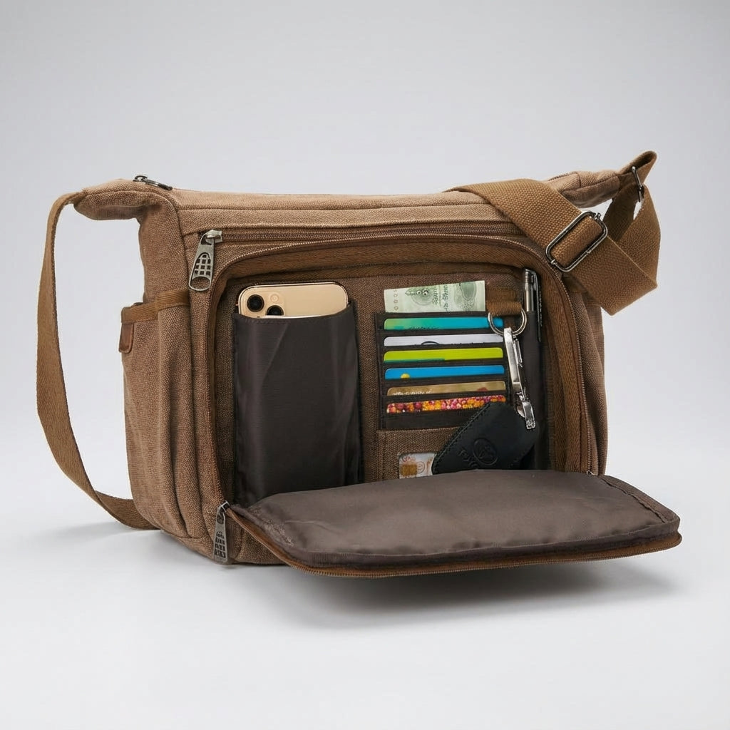 Georganiseerde unisex canvas schoudertas met RFID-blokkering, ideaal voor laptop en tablet.
