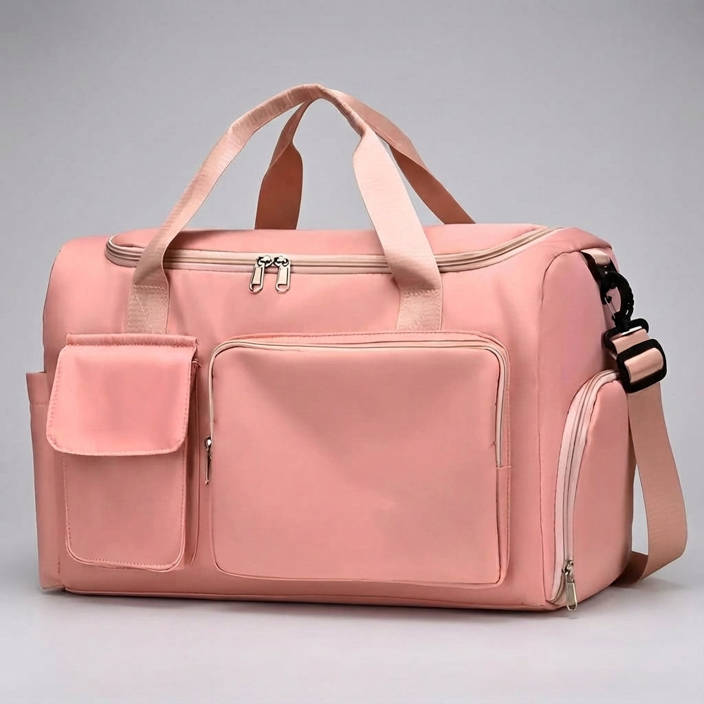 Grote unisex weekendtas/sporttas, zij-aanzicht. Veel ruimte voor reisbenodigdheden; multifunctioneel.