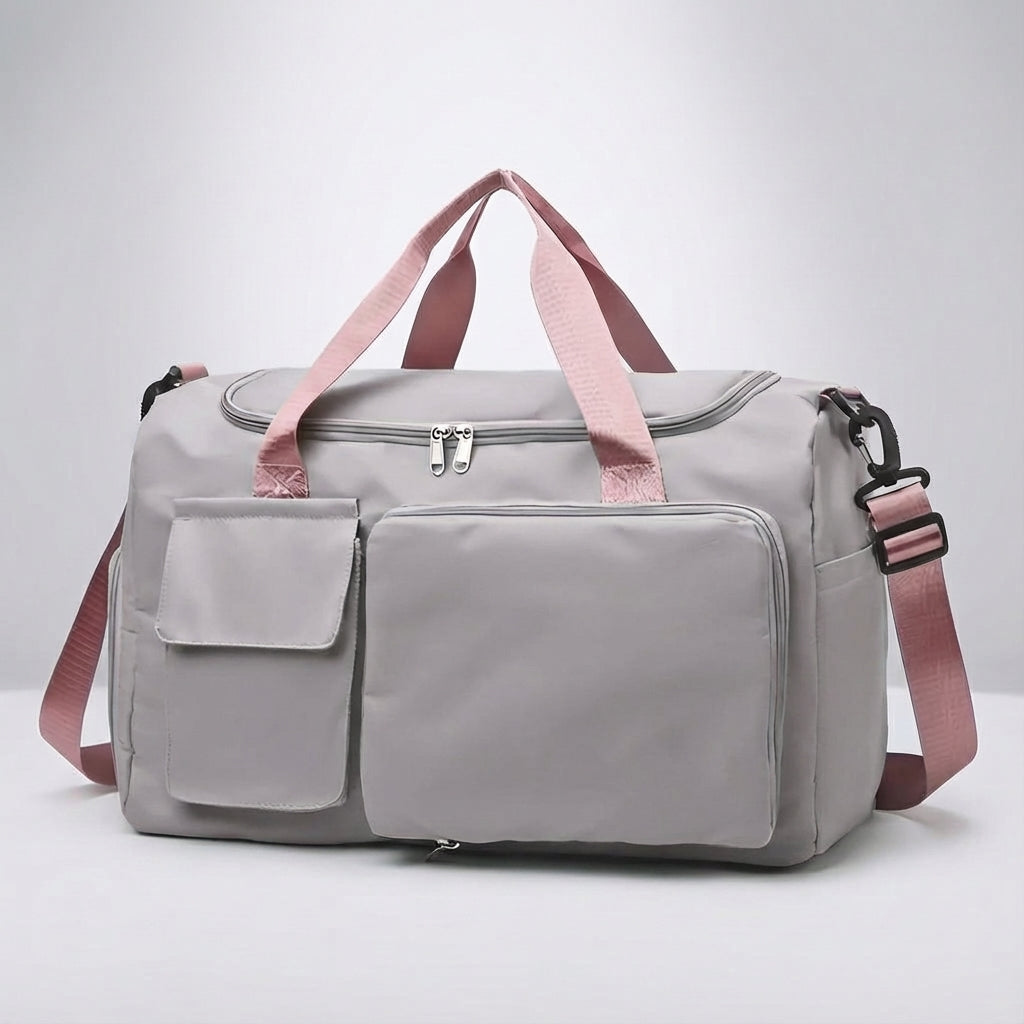 Detail van robuuste rits en verstelbare schouderband op deze duurzame unisex weekendtas/sporttas.