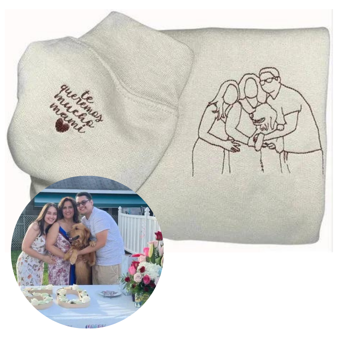 Detailopname van unieke fotoborduring op een custom unisex top, kwaliteit borduurwerk voor blijvende herinneringen.