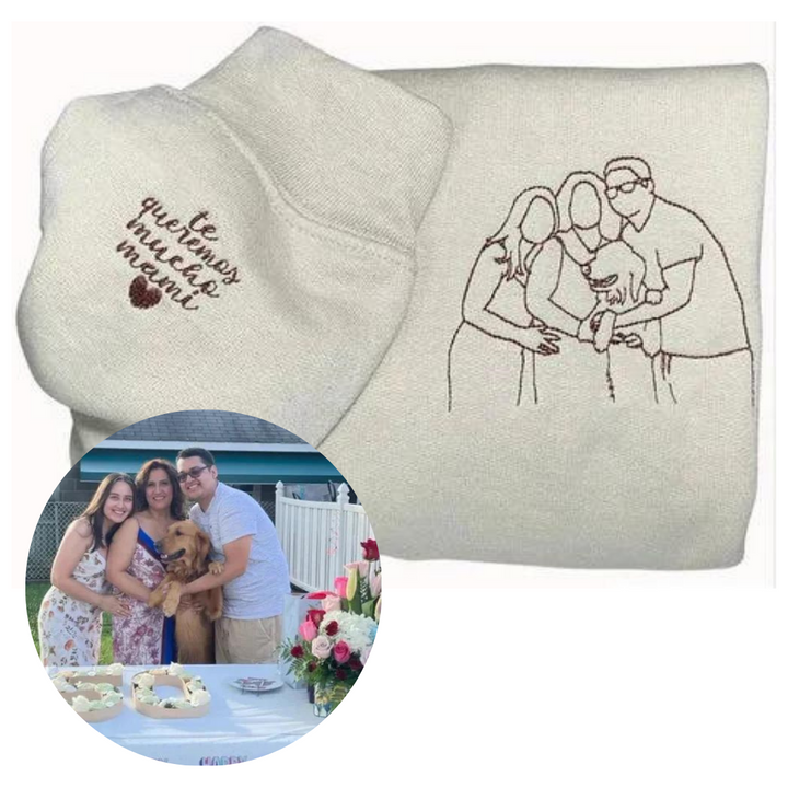 Detailopname van unieke fotoborduring op een custom unisex top, kwaliteit borduurwerk voor blijvende herinneringen.