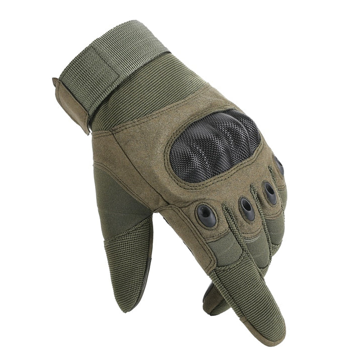 Legergroene tactische handschoenen, duurzaam voor outdoor werk, met touchscreen bediening.