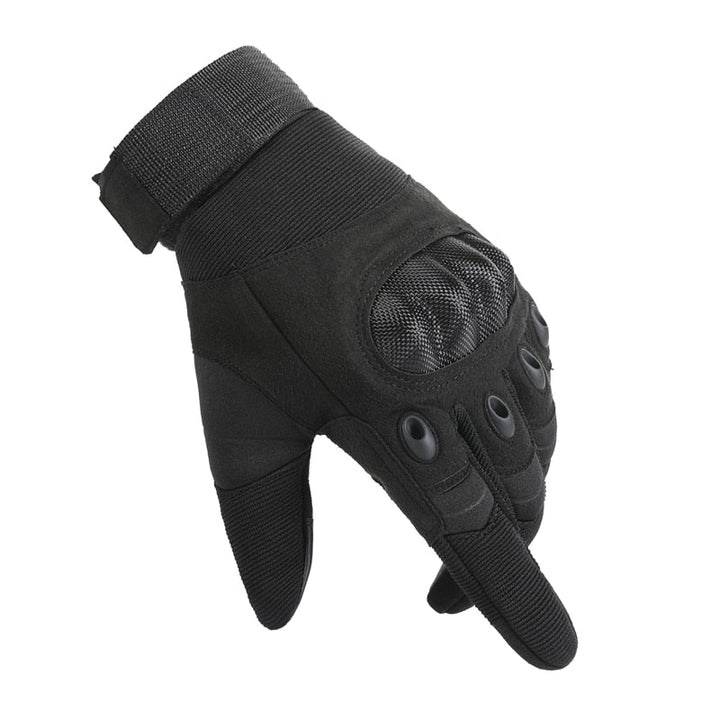 Zwarte tactische handschoenen, duurzaam en unisex, met speciale vingertoppen voor touchscreen functionaliteit.