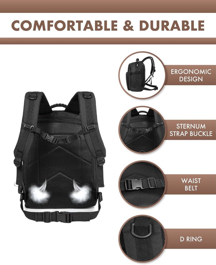 Praktische 35L rugzak voor outdoor en reizen, met tactisch design en snelle toegang tot spullen.