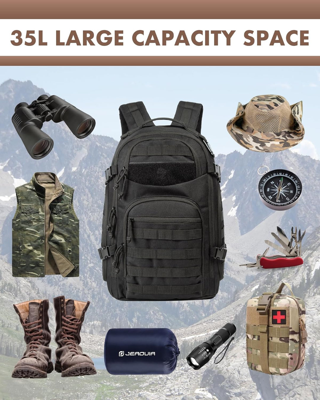 Essentiële 35L tactische outdoor rugzak met slimme vakken en een veilig laptopcompartiment.