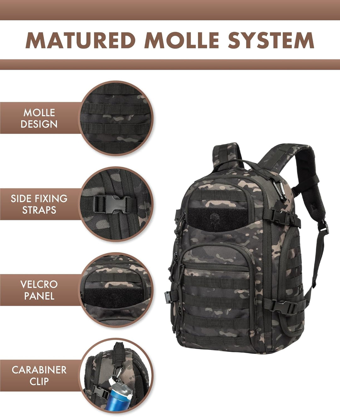 Afbeelding van de 35L Molle rugzak, open, toont ruim hoofdcompartiment en gevoerd laptopvak.