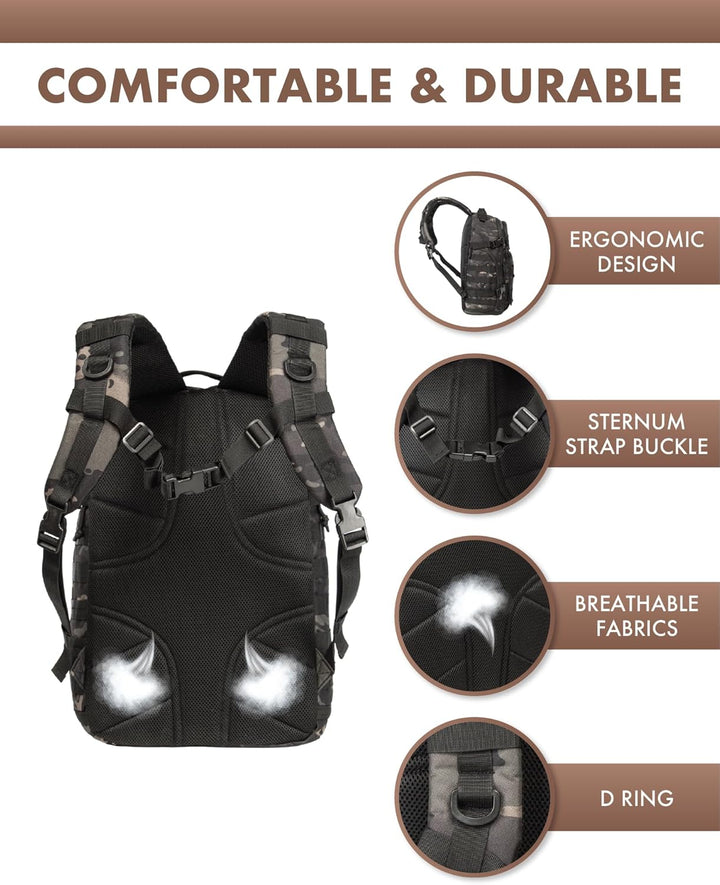 Unisex 35L tactische wandelrugzak met Molle bevestigingspunten voor extra accessoires.