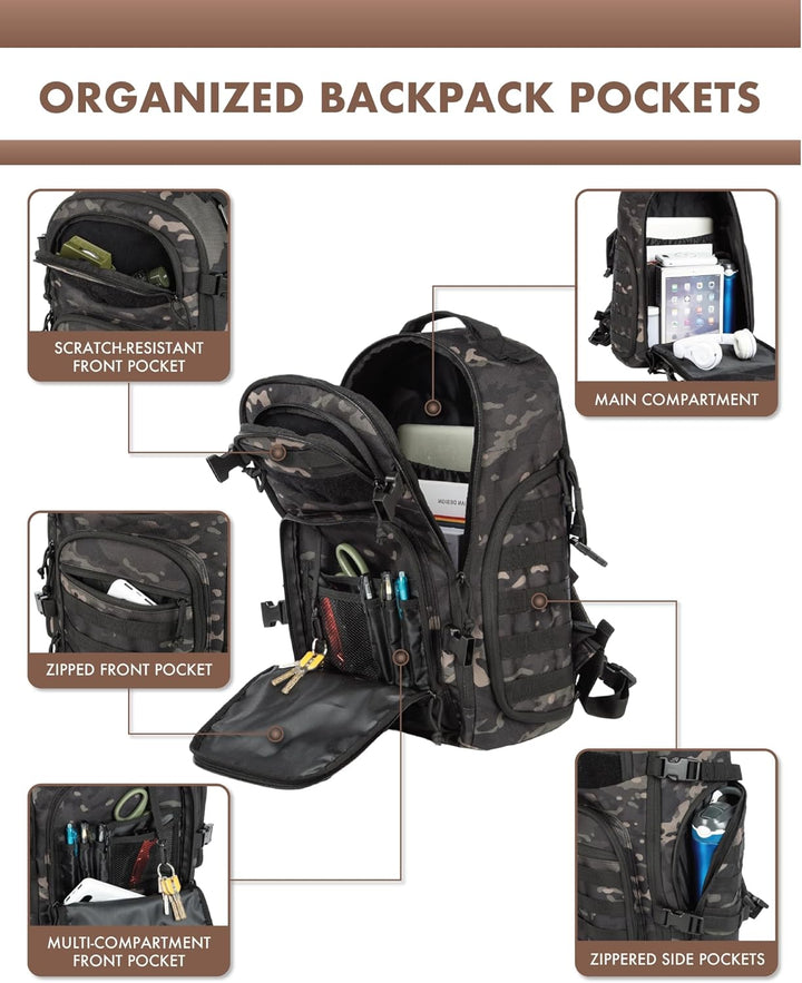 Compacte maar ruime 35L outdoor survival rugzak, perfect voor kamperen en dagtochten.