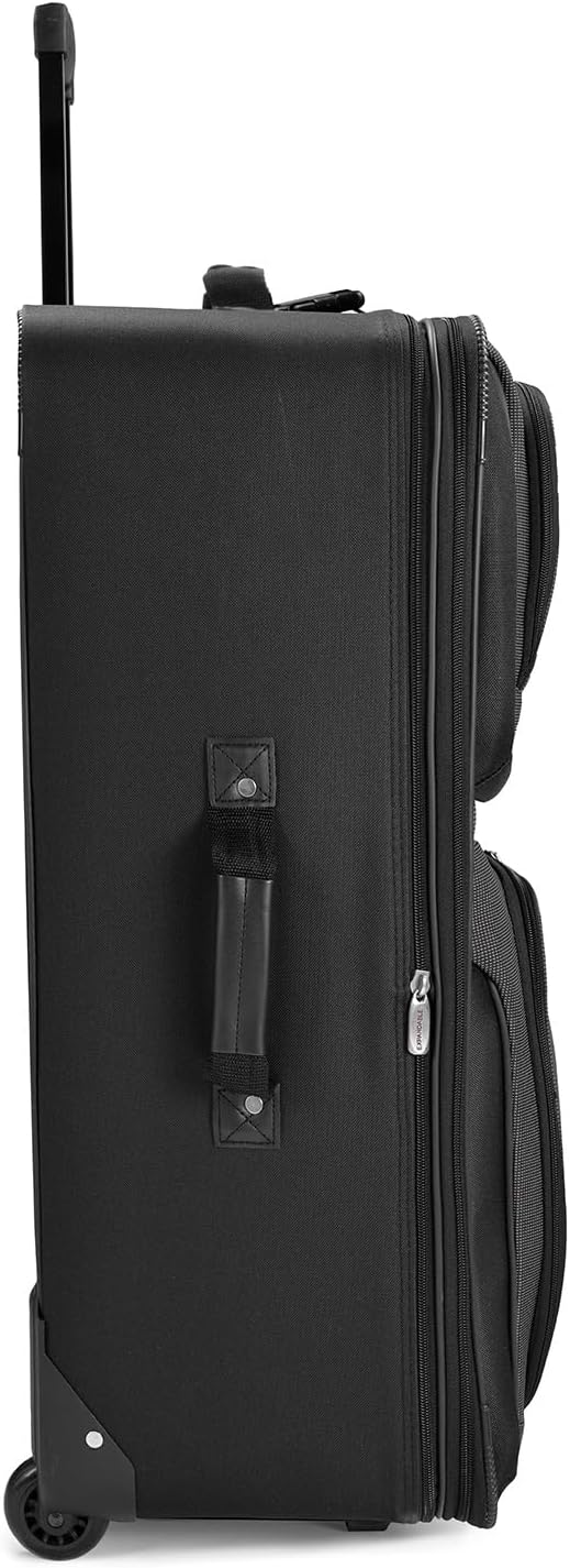 Overzicht van alle 8 onderdelen van de TravelMax softshell kofferset: koffers, tassen en inpakblokken.