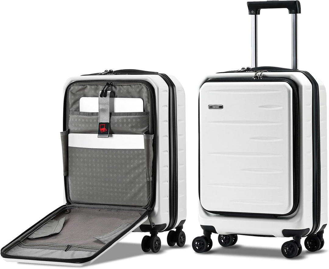 De koffer op zijn zij, toont beschermende voetjes en robuuste hardcase constructie.