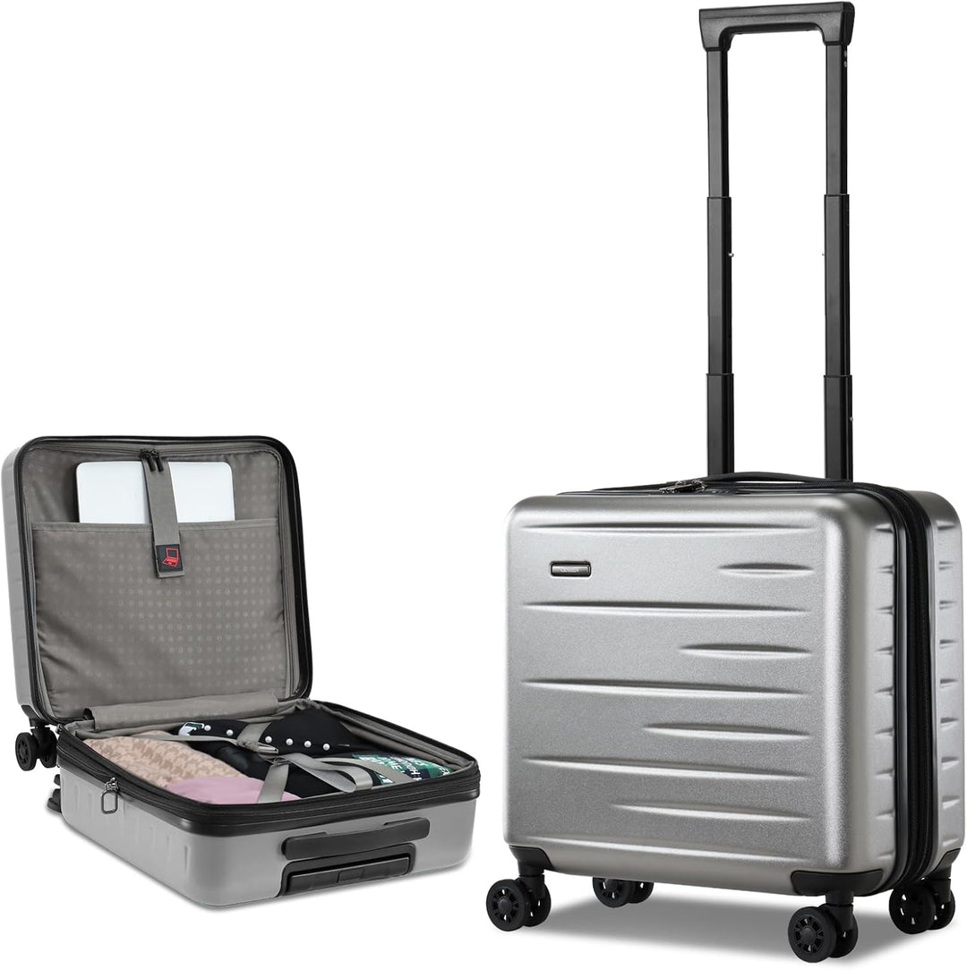 Zwarte uitbreidbare reiskoffer met veilige voorklep voor laptop & geïntegreerd TSA-slot.