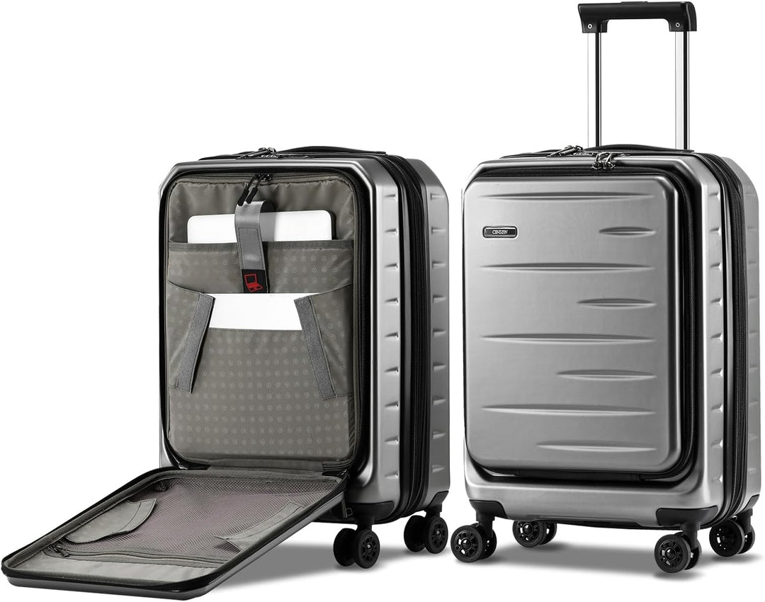 Detail van de voorklep op de hardcase koffer, open voor snelle toegang tot reisbenodigdheden.