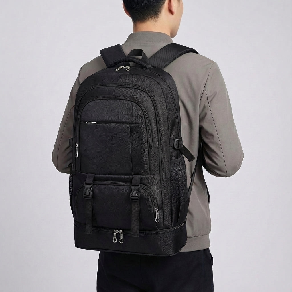 Reiziger draagt comfortabele, uitbreidbare unisex reisrugzak. Perfect voor lange wandelingen en avontuurlijke trips.