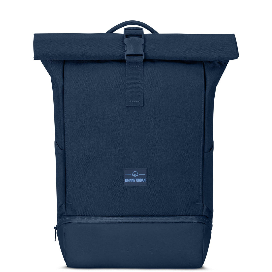 Zij-aanzicht van de UrbanFlow rolltop rugzak, toont slank profiel en uitbreidbare capaciteit.