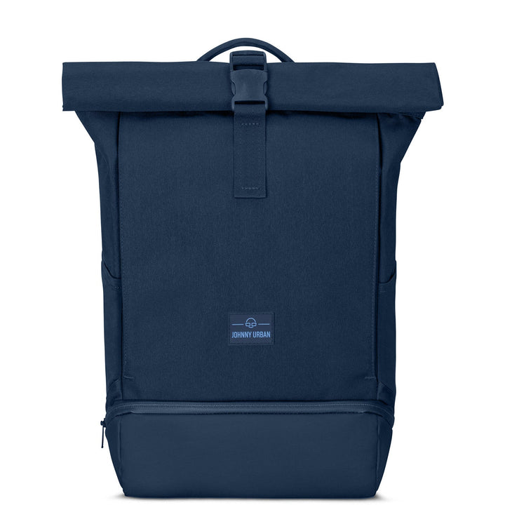 Zij-aanzicht van de UrbanFlow rolltop rugzak, toont slank profiel en uitbreidbare capaciteit.