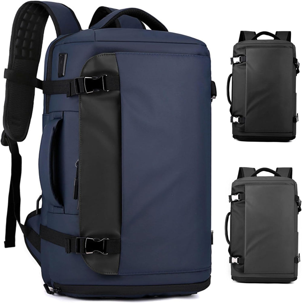 Zwarte 15" waterdichte laptoprugzak met externe USB-C poort, zij-opening. Perfect voor forenzen, werk of school.