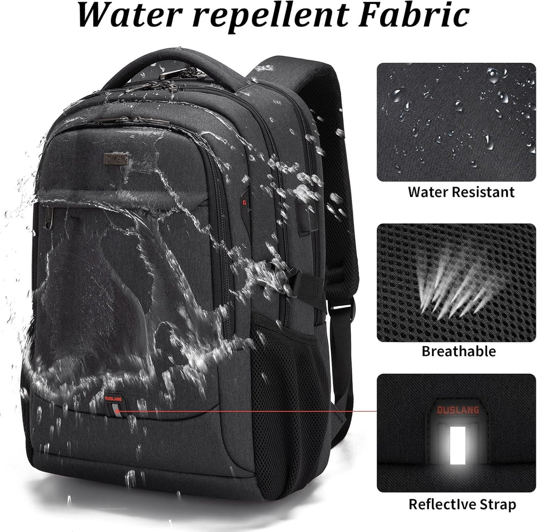 Waterafstotende laptoprugzak, comfortabel draagsysteem, USB-poort, voor werk & reizen.