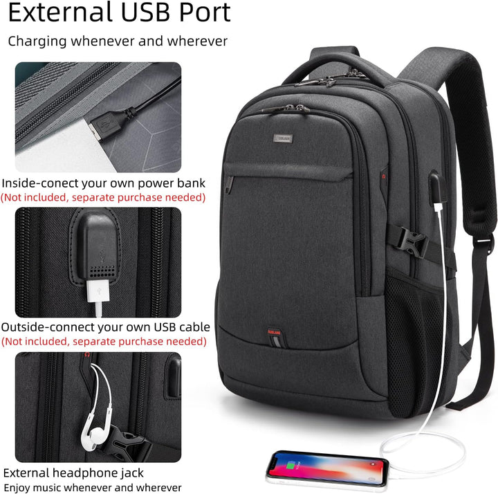 Grote georganiseerde laptoprugzak, waterafstotend, met USB, perfect als handbagage.