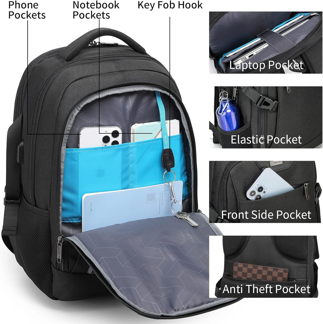 Zwarte waterafstotende reis laptoprugzak, USB, antidiefstal, comfortabel voor lange afstanden.