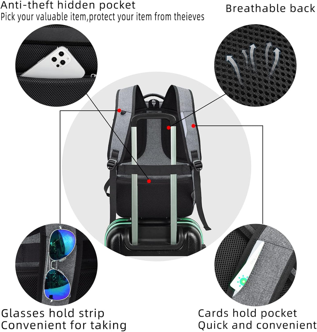 Zwarte waterafstotende laptoprugzak, antidiefstal, USB, ideaal voor dagelijks woon-werkverkeer.