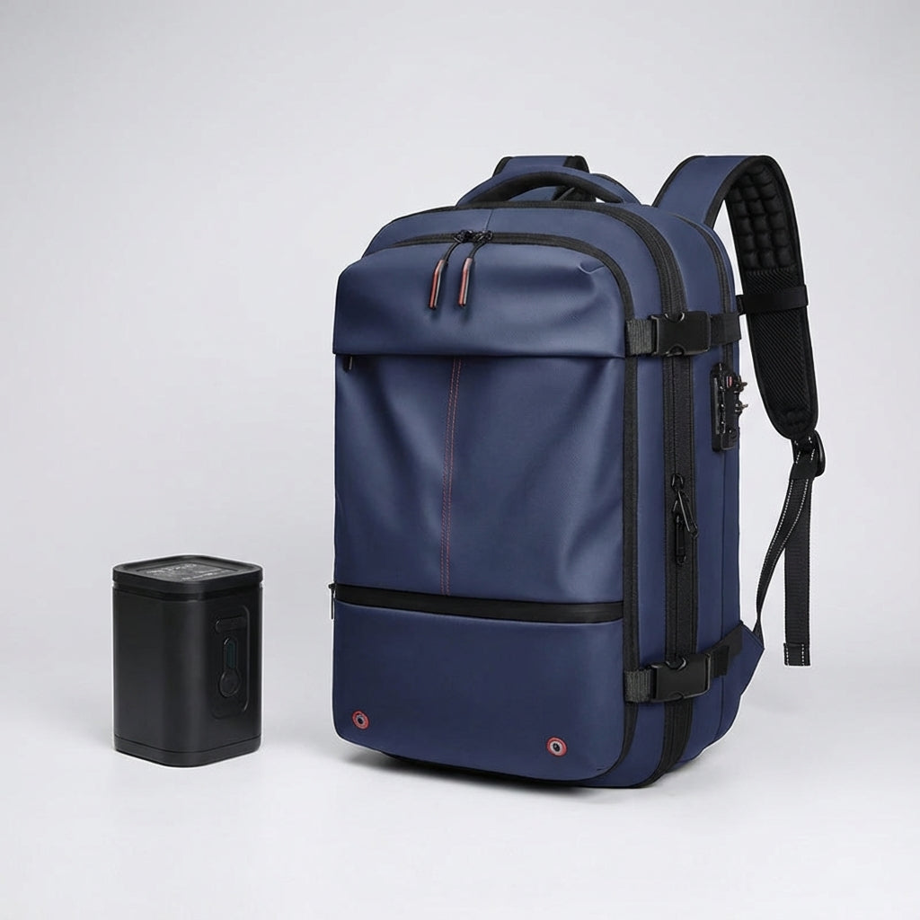Robuuste waterdichte TravelCompress reisrugzak, voorzien van compressiebanden voor compact transport.