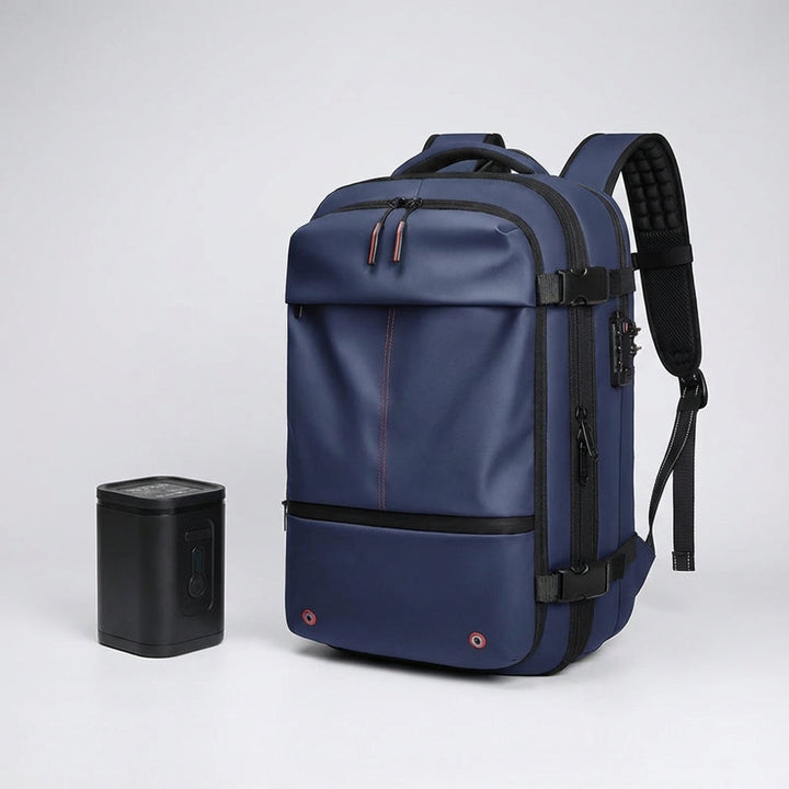 Robuuste waterdichte TravelCompress reisrugzak, voorzien van compressiebanden voor compact transport.