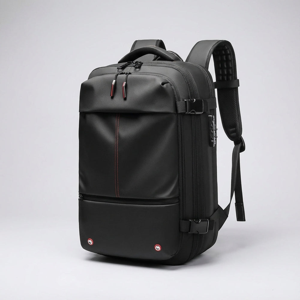 Waterdichte reisrugzak met laptoptas compartiment en compressie systeem voor efficiënt reizen.