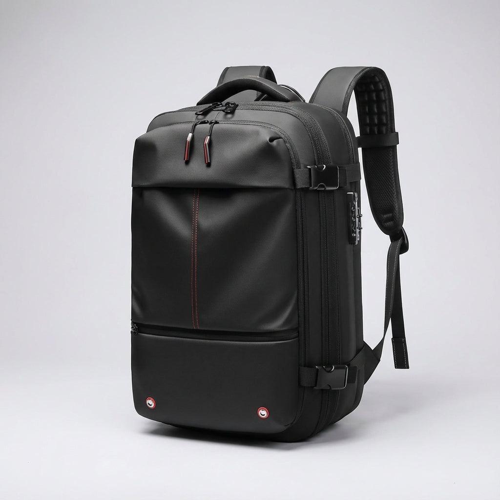 Waterdichte reisrugzak met laptoptas compartiment en compressie systeem voor efficiënt reizen.