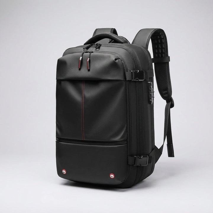 Waterdichte reisrugzak met laptoptas compartiment en compressie systeem voor efficiënt reizen.