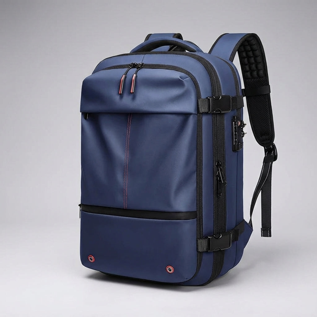 Close-up van het compressiesysteem op de waterdichte reisrugzak voor maximale bagage compactheid.