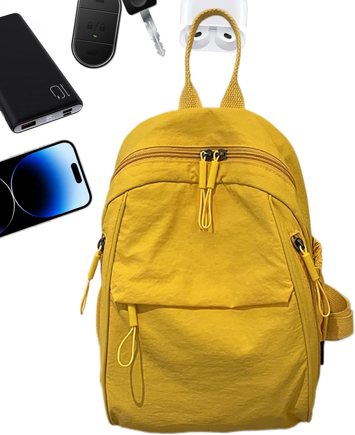 Unisex waterdichte casual rugzak in geel, gedragen door een student, perfect voor schoolbenodigdheden.