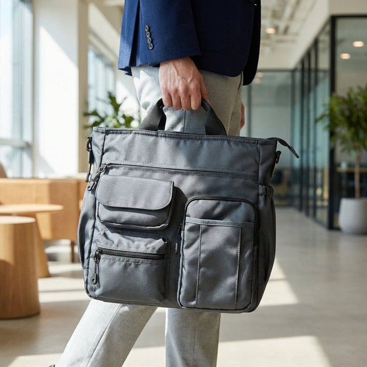Unisex zakelijke aktetas van oxford stof in grijs/zwart, perfect voor laptop en kantoorbenodigdheden.