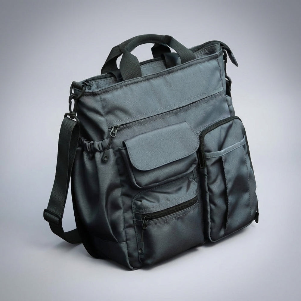 Stijlvolle unisex schoudertas/laptoptas in grijs/zwart oxford, ideaal voor zakelijk gebruik en reizen.