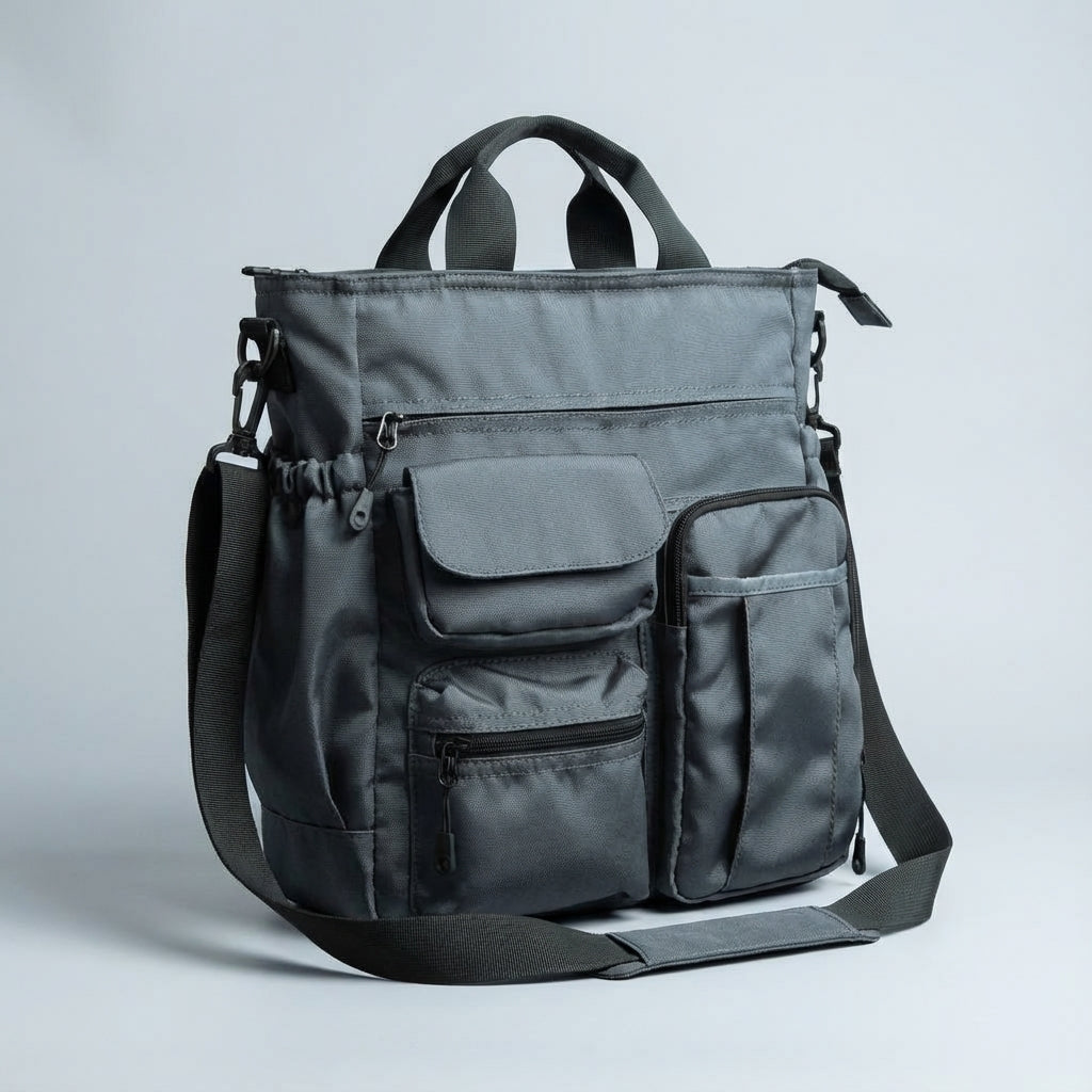 Zakelijke unisex laptoptas/aktetas met schouderband, grijs/zwart oxford. Perfect voor werk en kantoor.