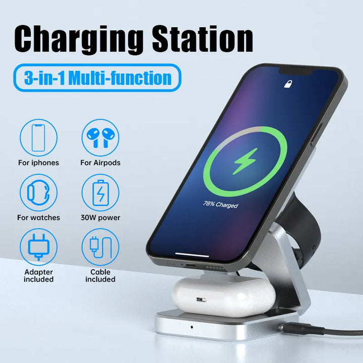Compact opvouwbaar 3-in-1 draadloos laadstation, ideaal voor reizen en ruimtebesparing op elk bureau.