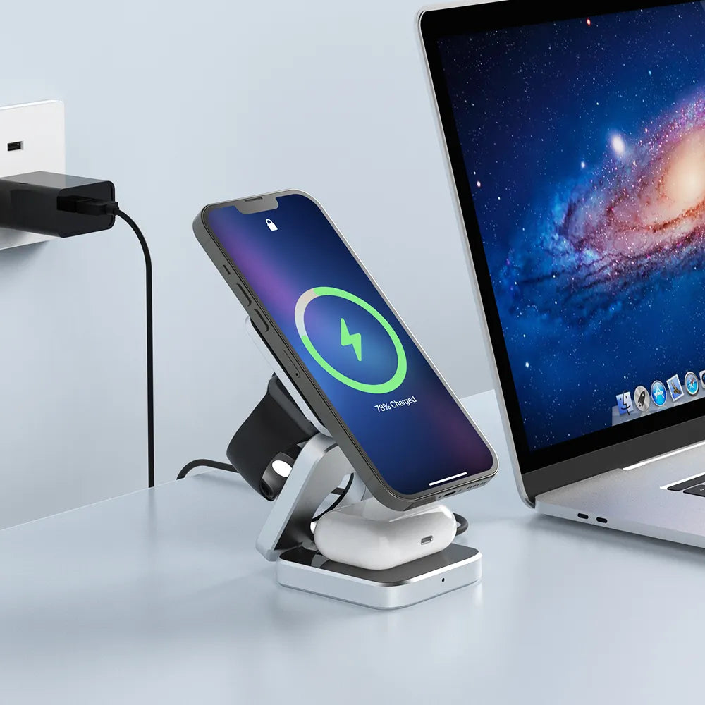 Strak 3-in-1 draadloos laadstation: magnetische oplader voor smartphone, smartwatch en oordopjes tegelijk.