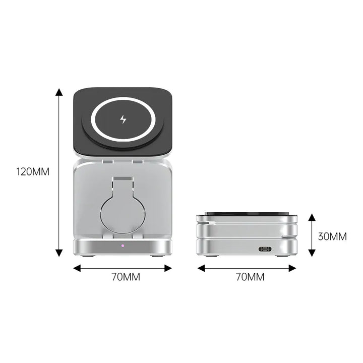 Modern 3-in-1 draadloos laadstation, ideaal voor een opgeruimd bureau; laad je apparaten magnetisch op.