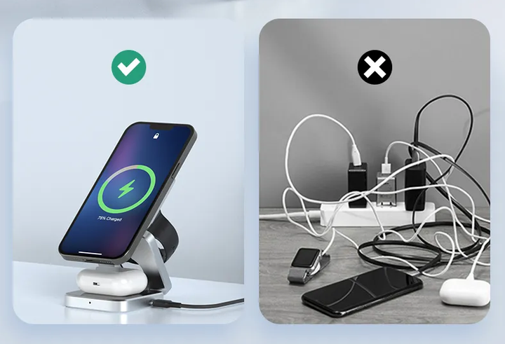 Veelzijdig 3-in-1 magnetisch laadstation, opvouwbaar en compatibel met diverse smartphones en wearables.