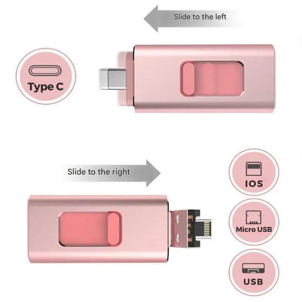 DataFlex 4-in-1 flashdrive met USB-C, Lightning, USB-A en Micro-USB voor iPhone, Android, pc dataoverdracht.