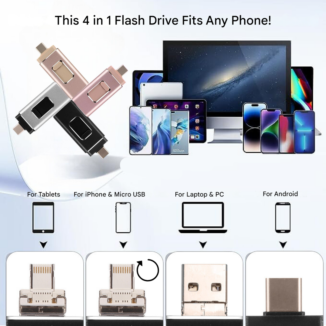 Geen opslagproblemen meer: deze universele 4-in-1 flashdrive breidt moeiteloos je telefoon- en tabletgeheugen uit.