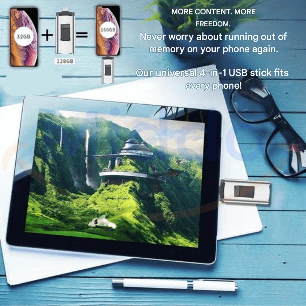 Zilverkleurige 4-in-1 flashdrive. Compatibel met USB-C, Lightning, USB-A, Micro-USB. Universele externe opslag.