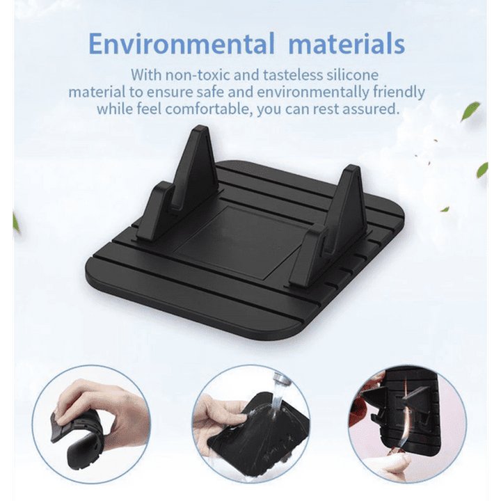 Compacte flexibele siliconen telefoonhouder, anti-slip voor veilige bevestiging in auto of op bureau.
